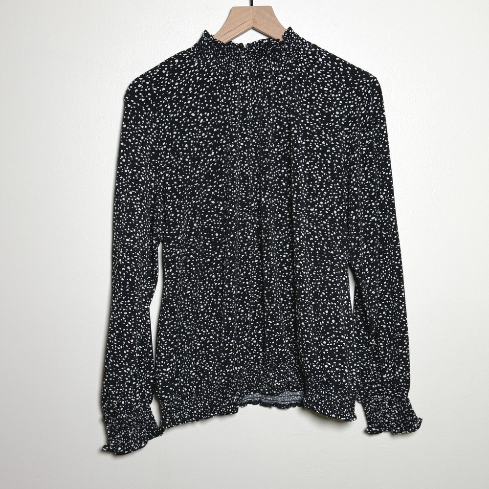 Adrianna Papell Womens Black White Abstract Dot Smocked Mock Neck Blouse Office